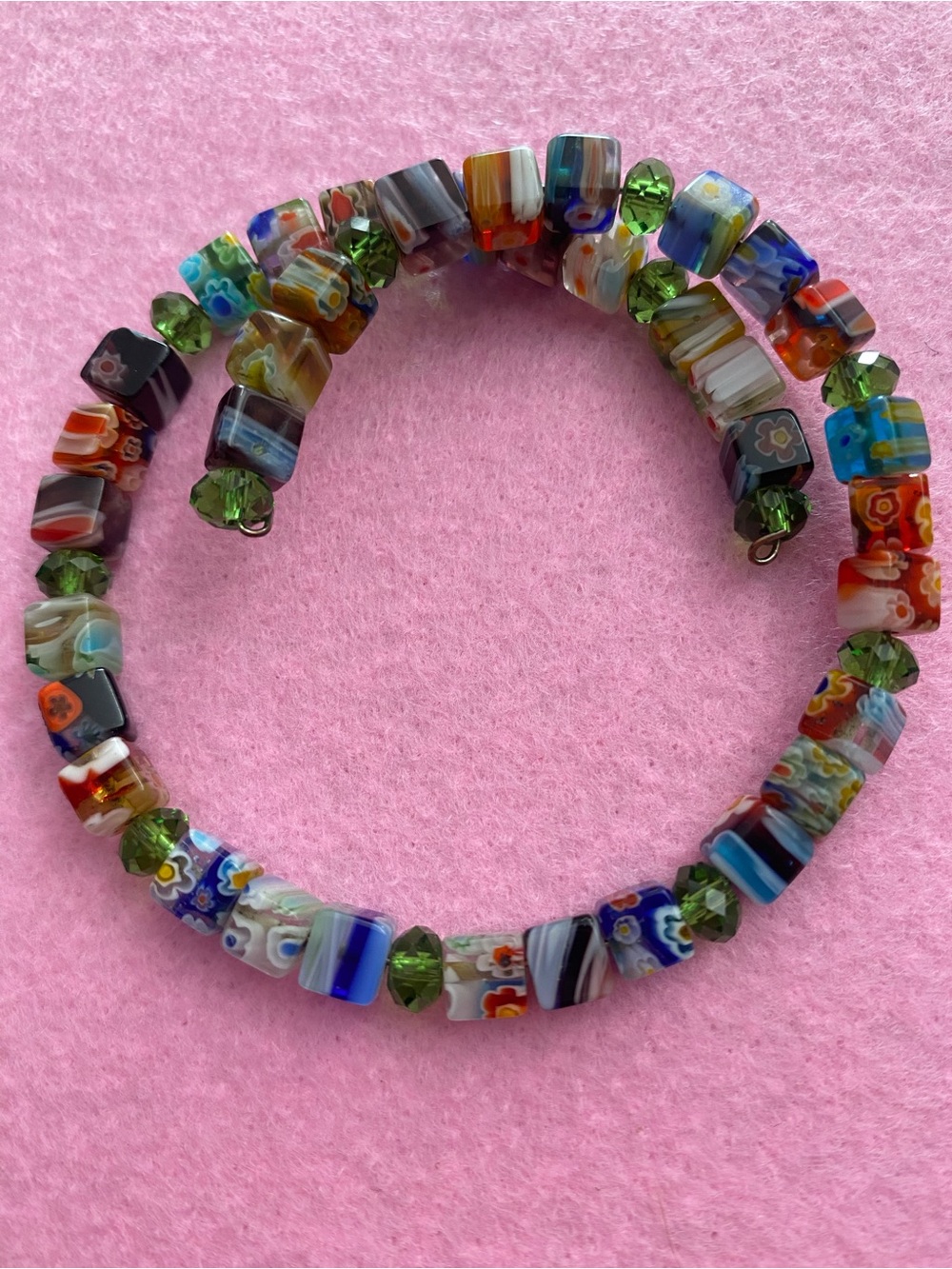 Source Unknown Multicolor Millefiori Glass Bead Bracelet with Green Accents